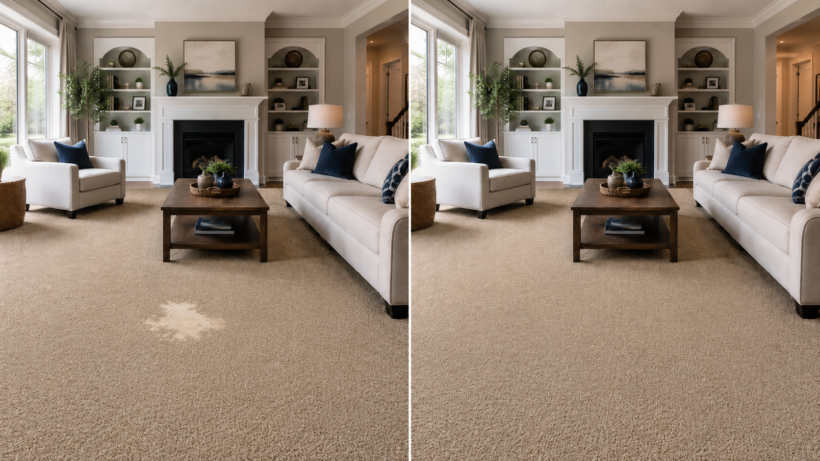 Domestic carpet with a localised area of colour damage