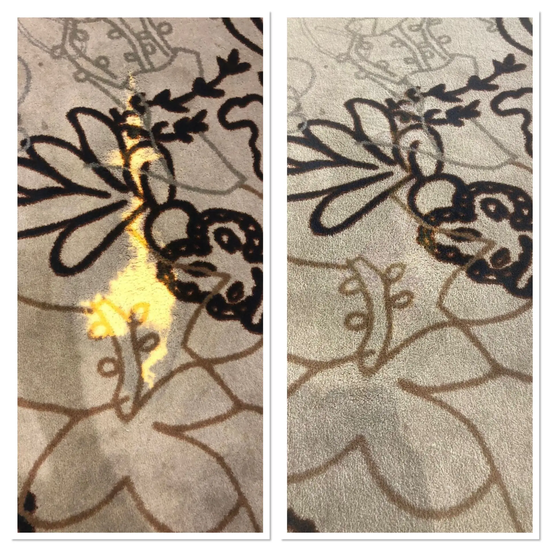 Patterned commercial flooring with bleach damage before and after repair