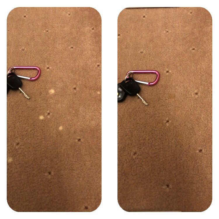 Small bleach spot repair on brown carpet before and after colour restoration